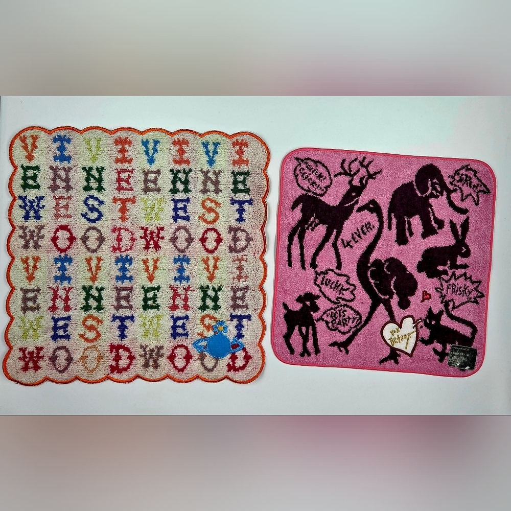 Set of 2 Designer Hand Towels/ Handkerchiefs - Vivienne Westwood & Betsey Johns